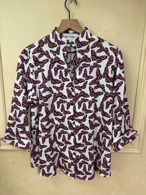 Foxcroft Wrinkle Free vibrant pink butterfly print on a white background